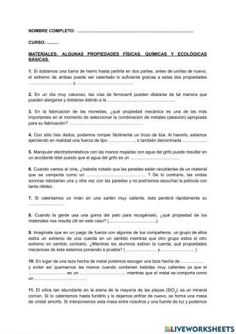 Propiedades de los materiales (1r ESO)-ficha de actividades