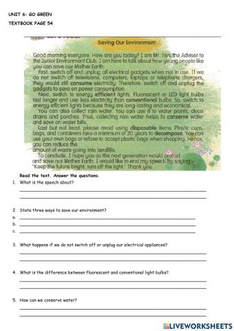 Unit 6: Go Green Textbook Page 54