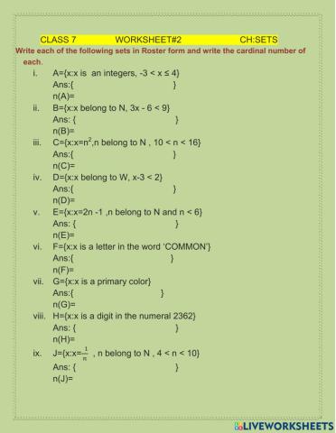 Maths worksheet - 2         ch- sets