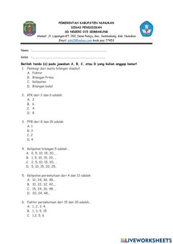 Kuis Matematika KPK dan FPB