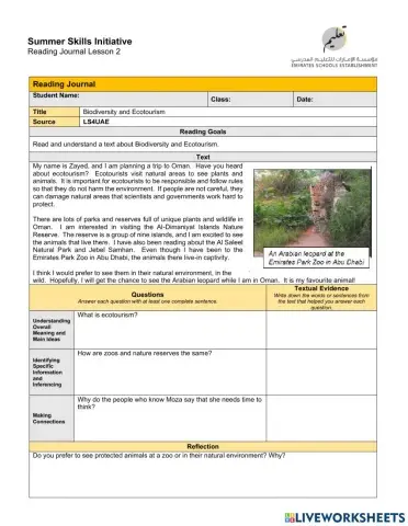 Reading Journal - Biodiversity and Ecotourism