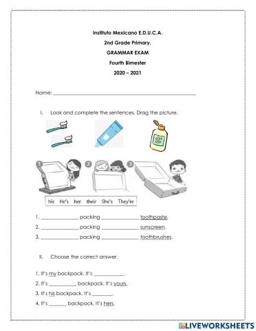 Grammar Exam - 2nd Grade