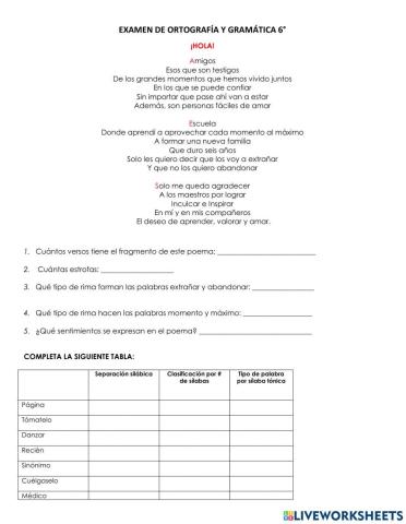 Examen de ortografía y gramática 6°