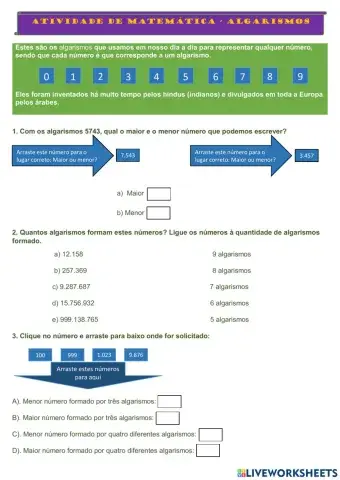 Atividade de matemática - Algarismos