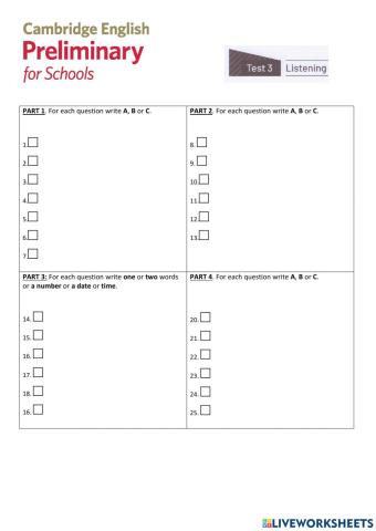 Pet for Schools TEST 3 Listening