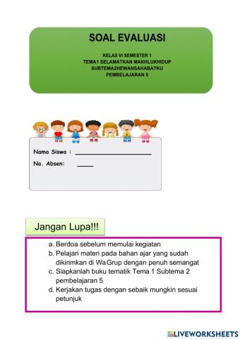Soal Evaluasi Tema 1 Sub 2 Pemb. 5
