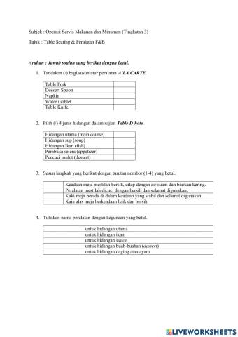 Table Seating & Food and Beverages