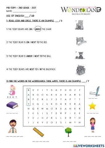 Use of english - mid term- 2nd grade - Wonderland
