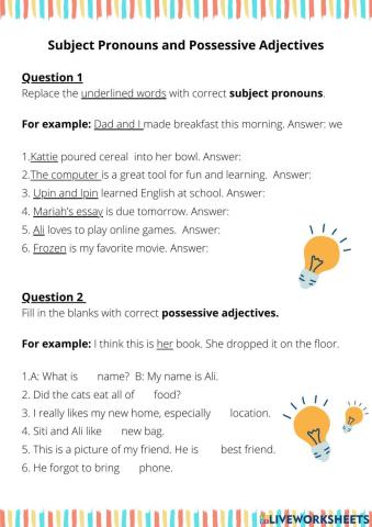 Subject Pronouns and Possessive Adjectives