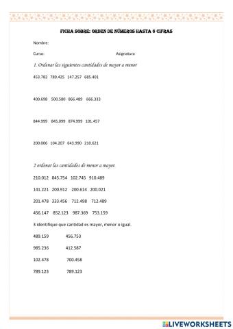 Orden de números de hasta 6 cifras