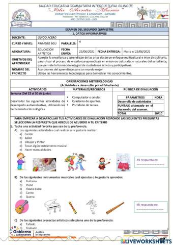 Examen Educación Artística 1-2 de Bachillerato