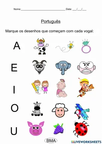 Marque os desenhos que começam com cada vogal
