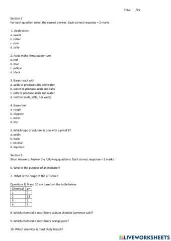 Acids and Bases worksheet 1