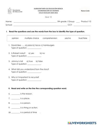 Quiz 10 5th grade