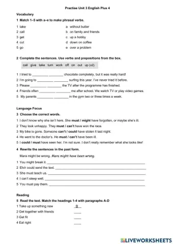 TP 6 Revision Unit 3 English Plus 4