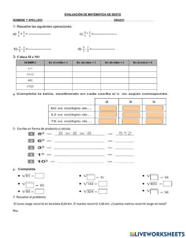 Evaluación de matemática de sexto