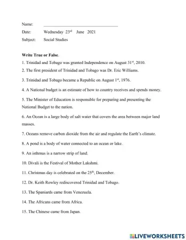 Social Studies std 3 term 3 test