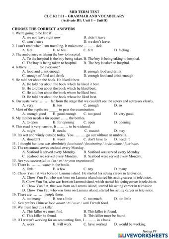 Activate B1 - Mid term - Unit 1-8