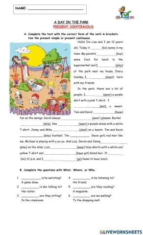 Worksheet  Reading Comprehension in present progressive