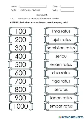 Padankan nombor 100 hingga 1000