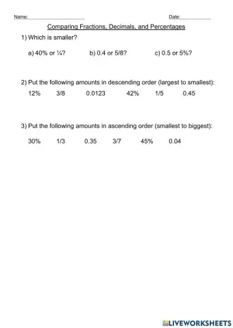 Comparing Fractions, Decimals, and Percentages