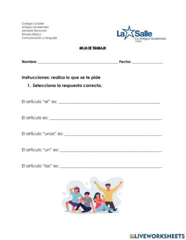 Hoja de trabajo artículo y adjetivos