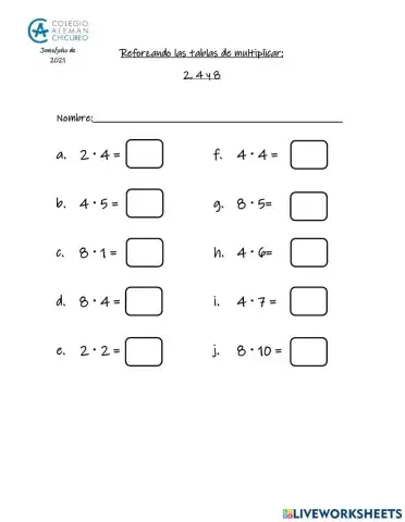 Tablas de multiplicar 2, 4 y 8