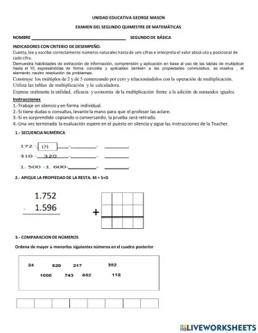 Examen quimestral Matemáticas 2do
