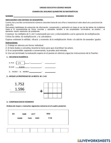 Examen quimestral Matemáticas 2do
