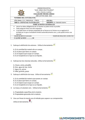 Evaluación 5to Ciencias Naturales Unidad 3