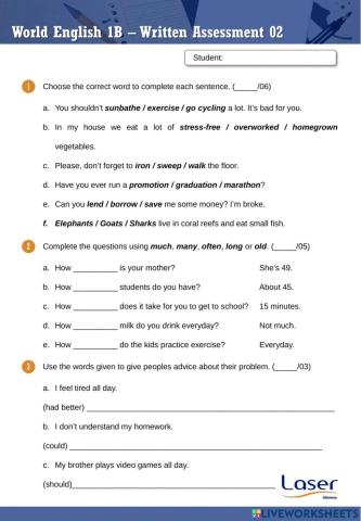 World English 1 - Part B - Evaluation Exercises for Units 10 to 12