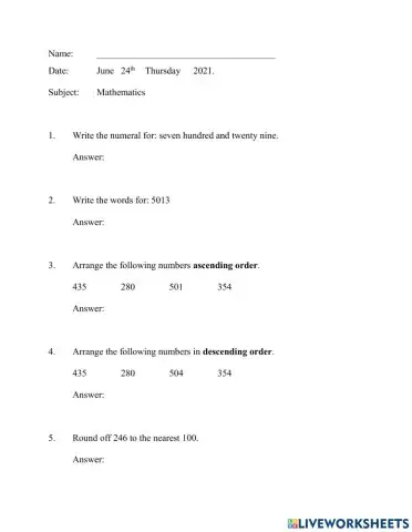 Mathematics test term 3