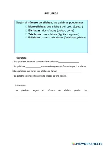 Clasificación de las palabras segùn su sílabas