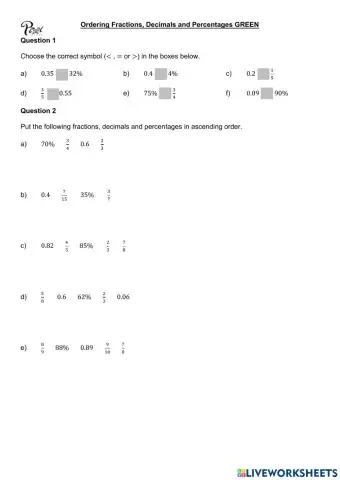 Ordering and Comparing Fractions, Decimals, and Percentages
