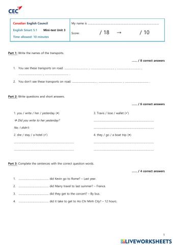 Mini test Unit 3-English smart 5.1