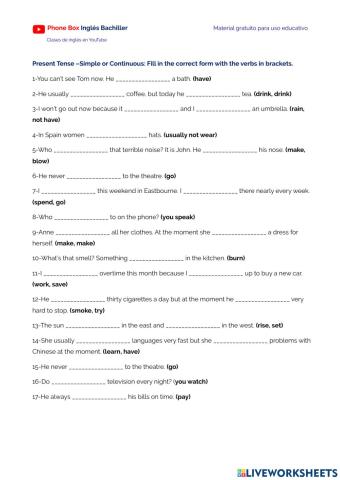 1ºBachiller-Presente Simple y Continuo.ejercicio.1