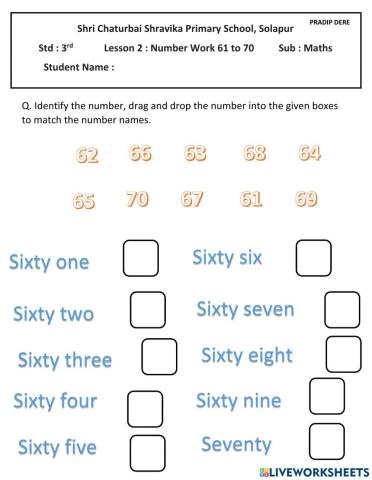 Number work 61 to 70