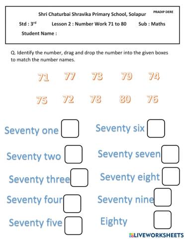 Number work 71 to 80
