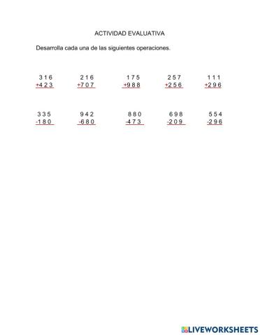 Operaciones con números de tres cifras