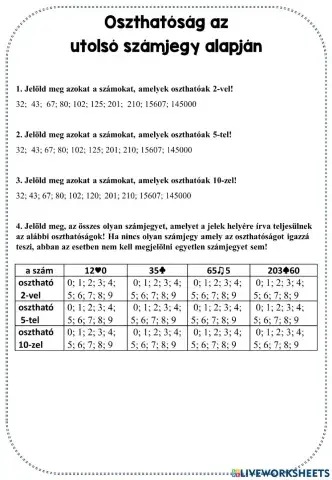 Oszthatóság az utolsó számjegy alapján