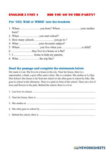 English 5 Unit 4 Did you go to the party