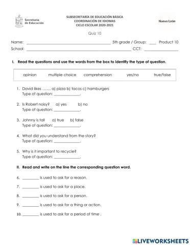 June Quiz - Fifth Grade