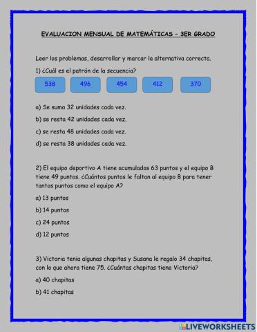 Evaluación mensual matemáticas
