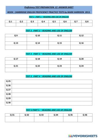 Answer sheet cep t2 CAMBRIDGE ENGLISH PROFICIENCY PRACTICE TESTS by MARK HARRISON 2013