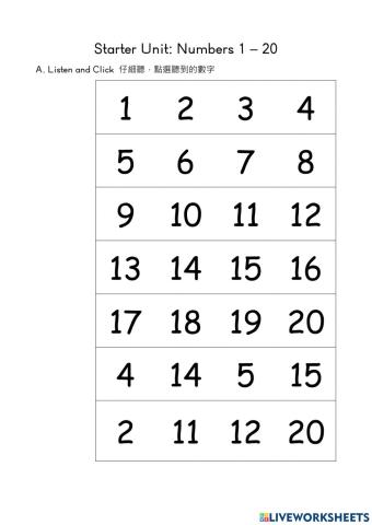 Numbers 1 - 20