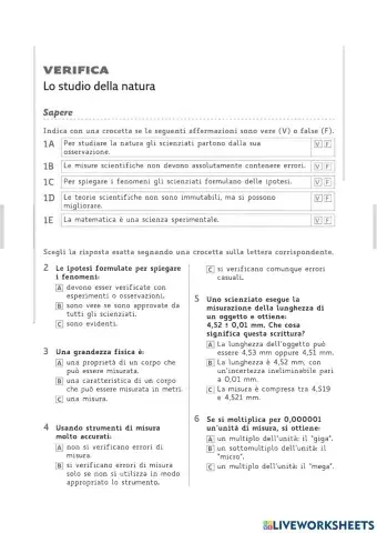 SCIENZE Verifica livello medio  LO STUDIO DELLA NATURA