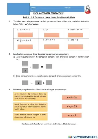 6.1 Persamaan Linear dalam Satu Pemboleh Ubah