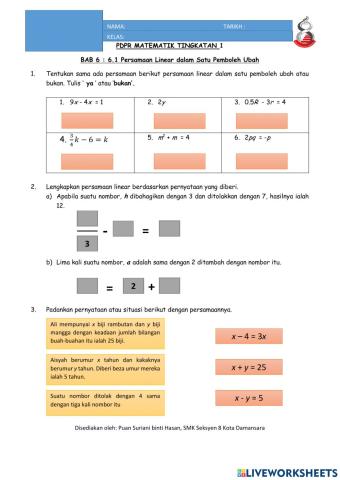 6.1 Persamaan Linear dalam Satu Pemboleh Ubah