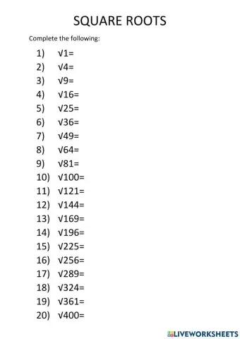 Square Roots tables 1-20