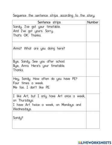 Timetable Sequence Sentence Strips
